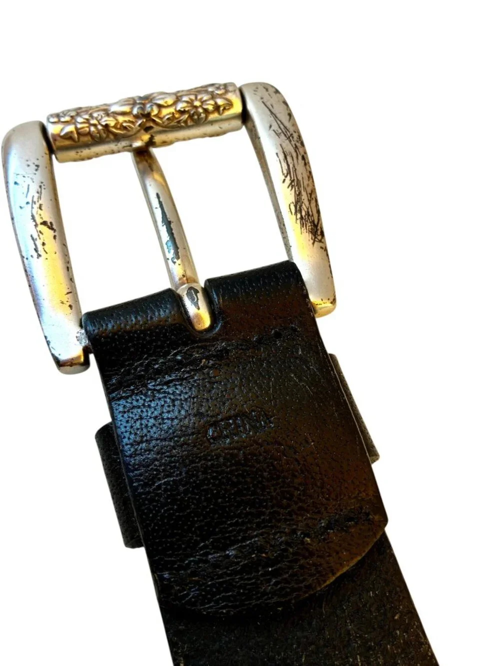 Fossil Leather Black Belt Silver-tone Floral Buckle Mens Medium * used as is